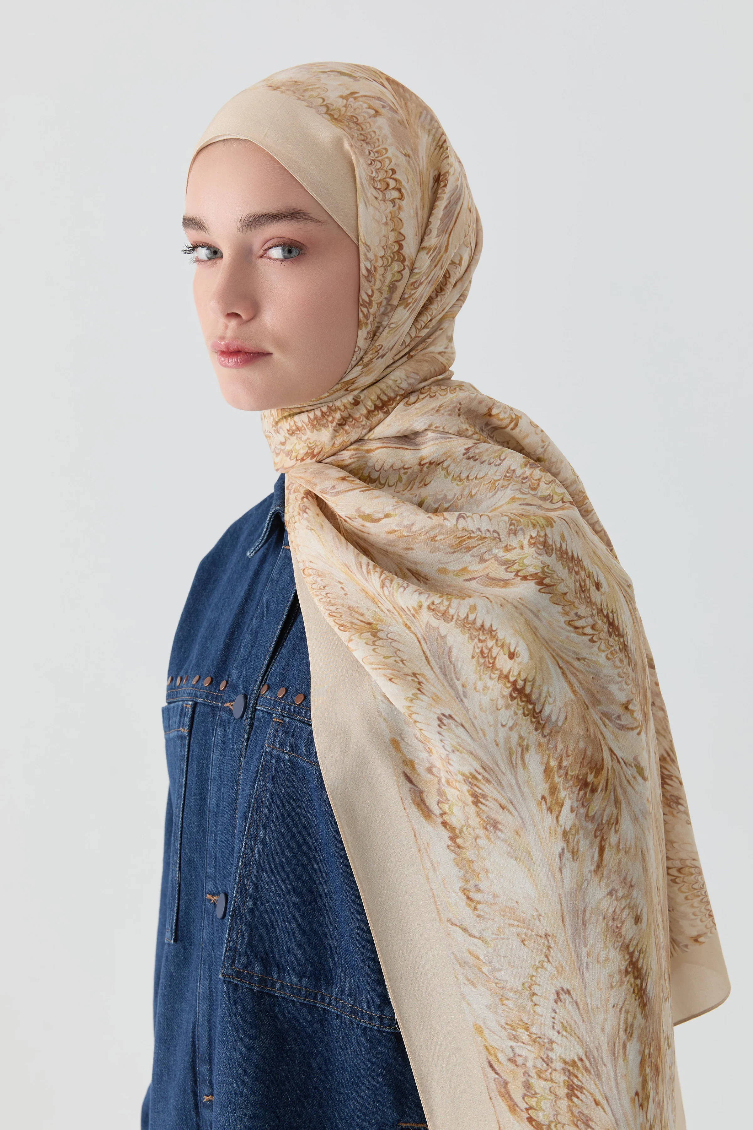 Châle Natural à motif marbré Ebru - Café léger - Image 3