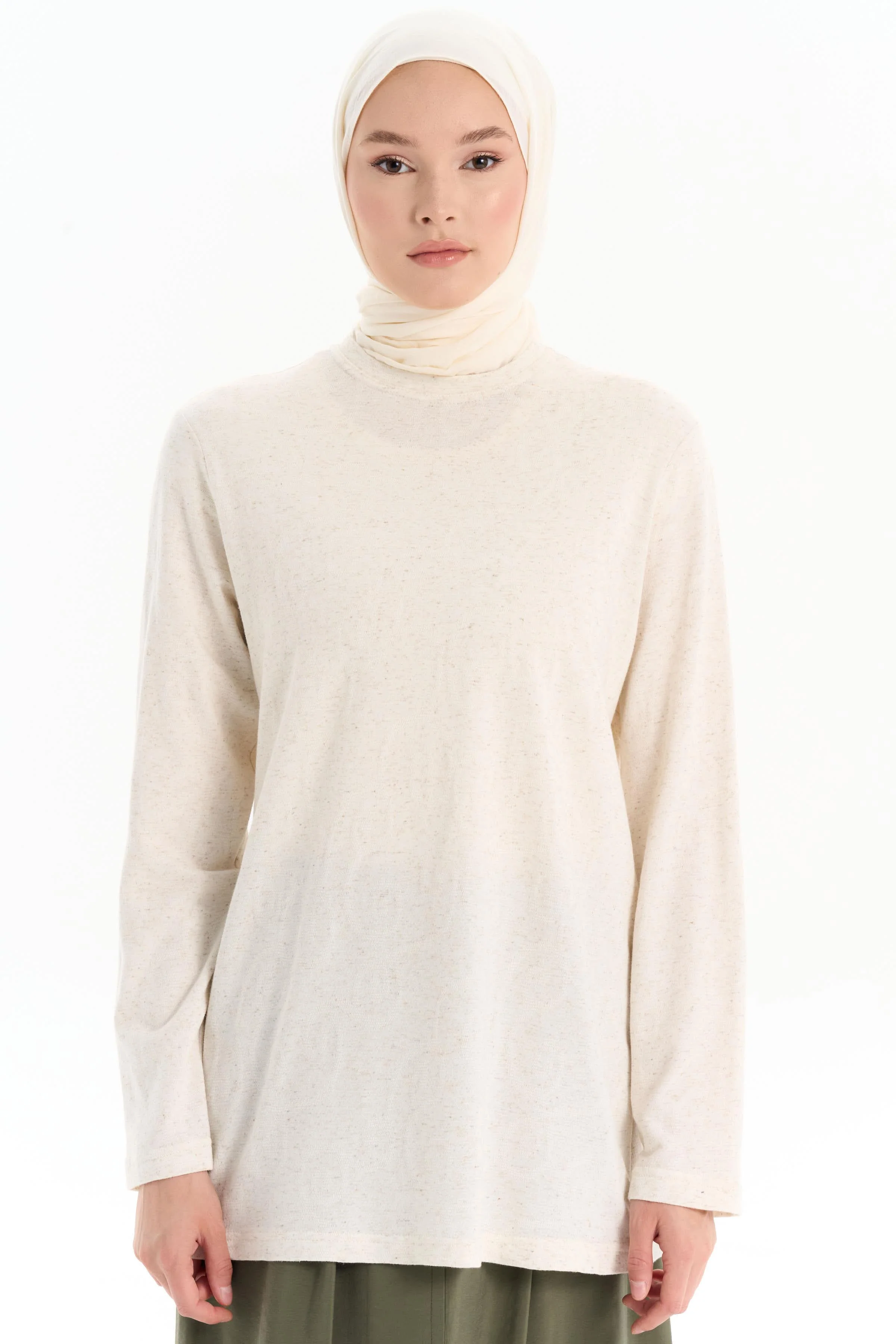 Chemisier tricoté à col rond - Beige - Image 4