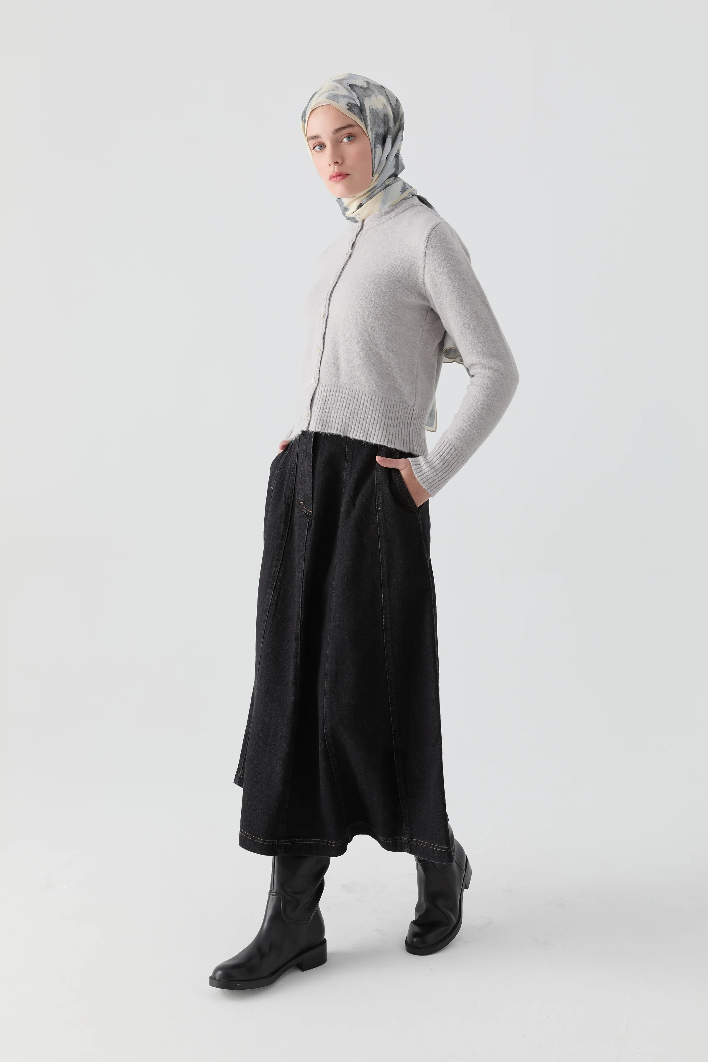 Jupe en denim à empiècements - Noir - Image 3