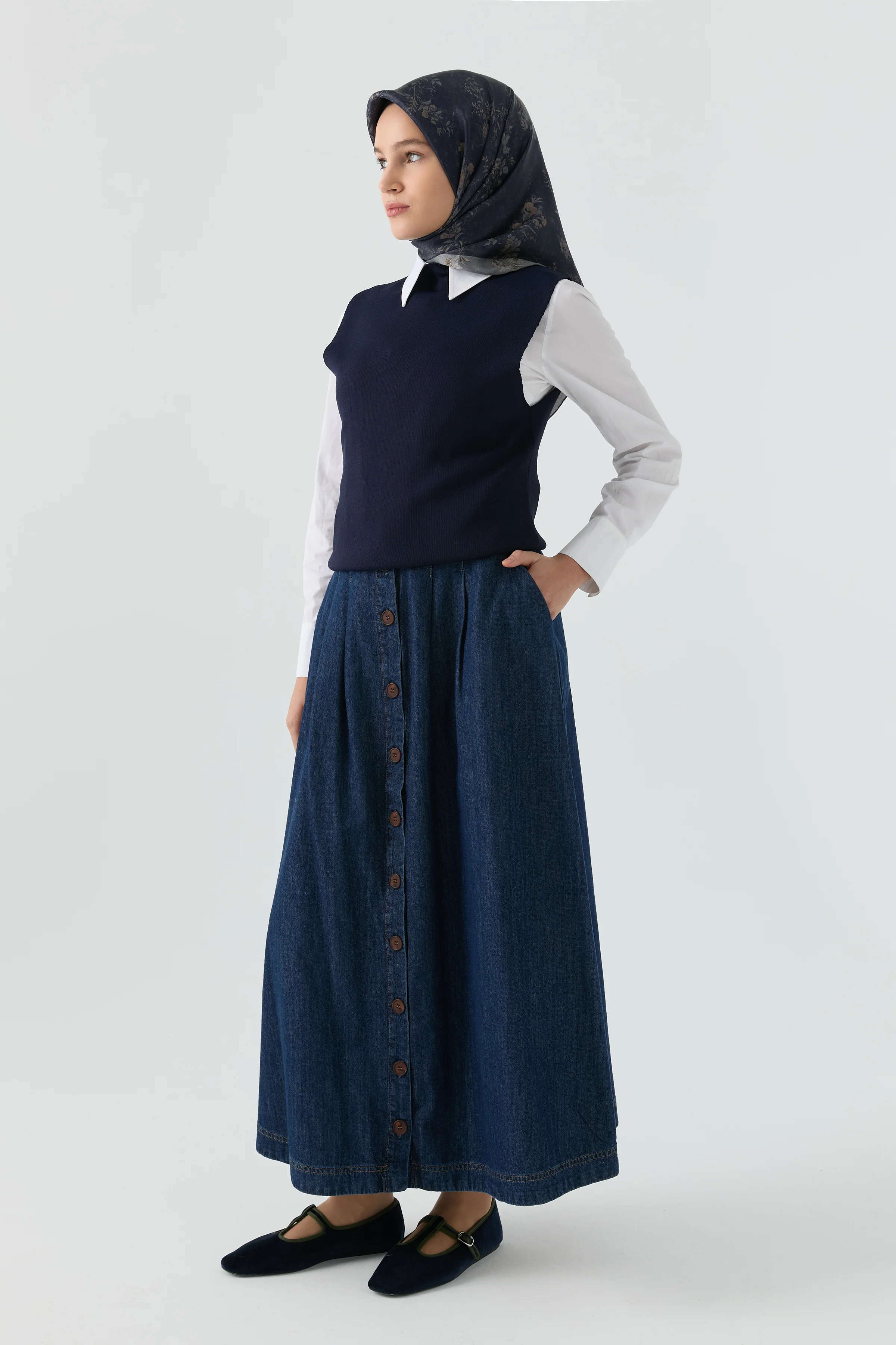 Jupe en denim avec détail boutons - Blue marine - Image 3