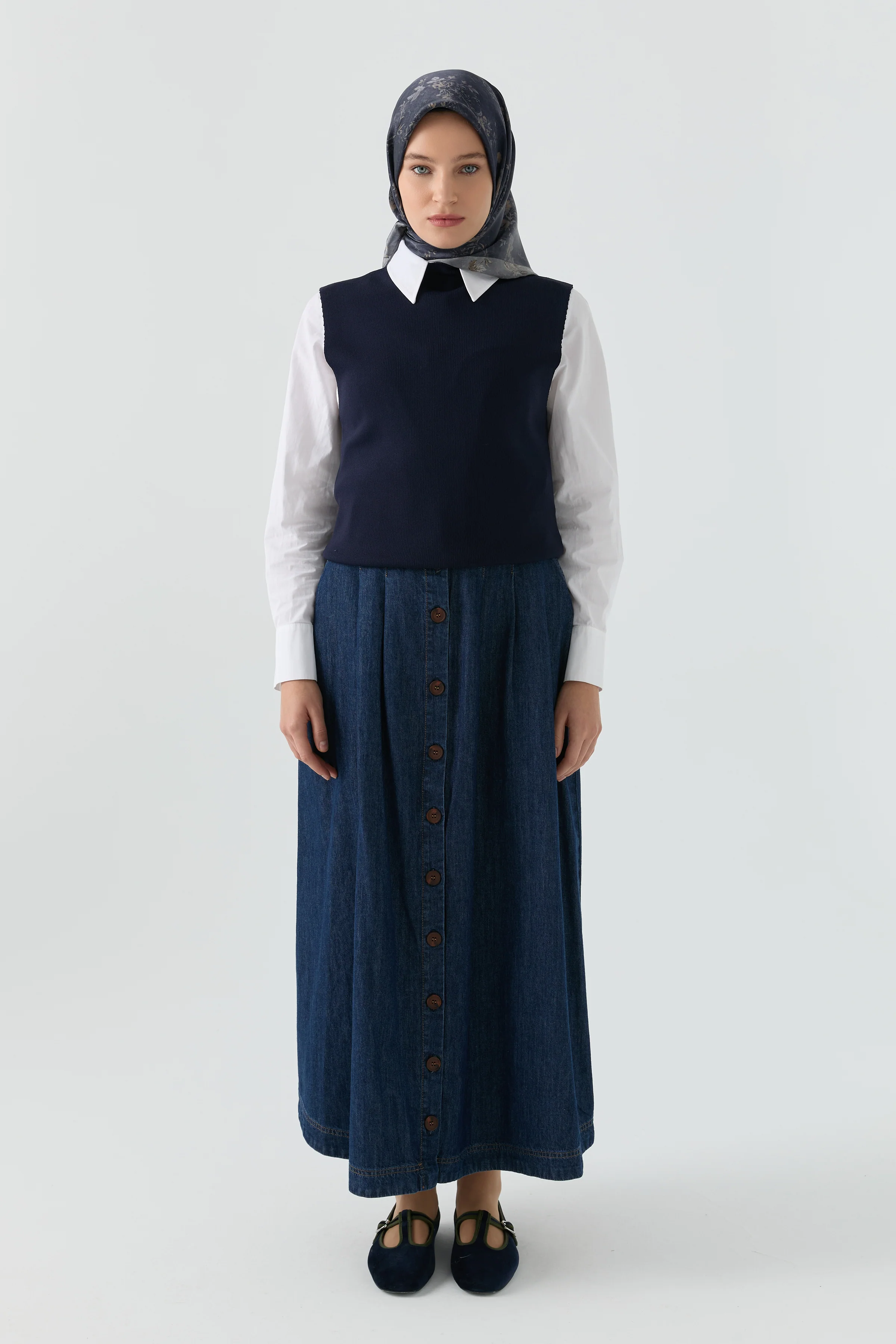 Jupe en denim avec détail boutons - Blue marine - Image 4