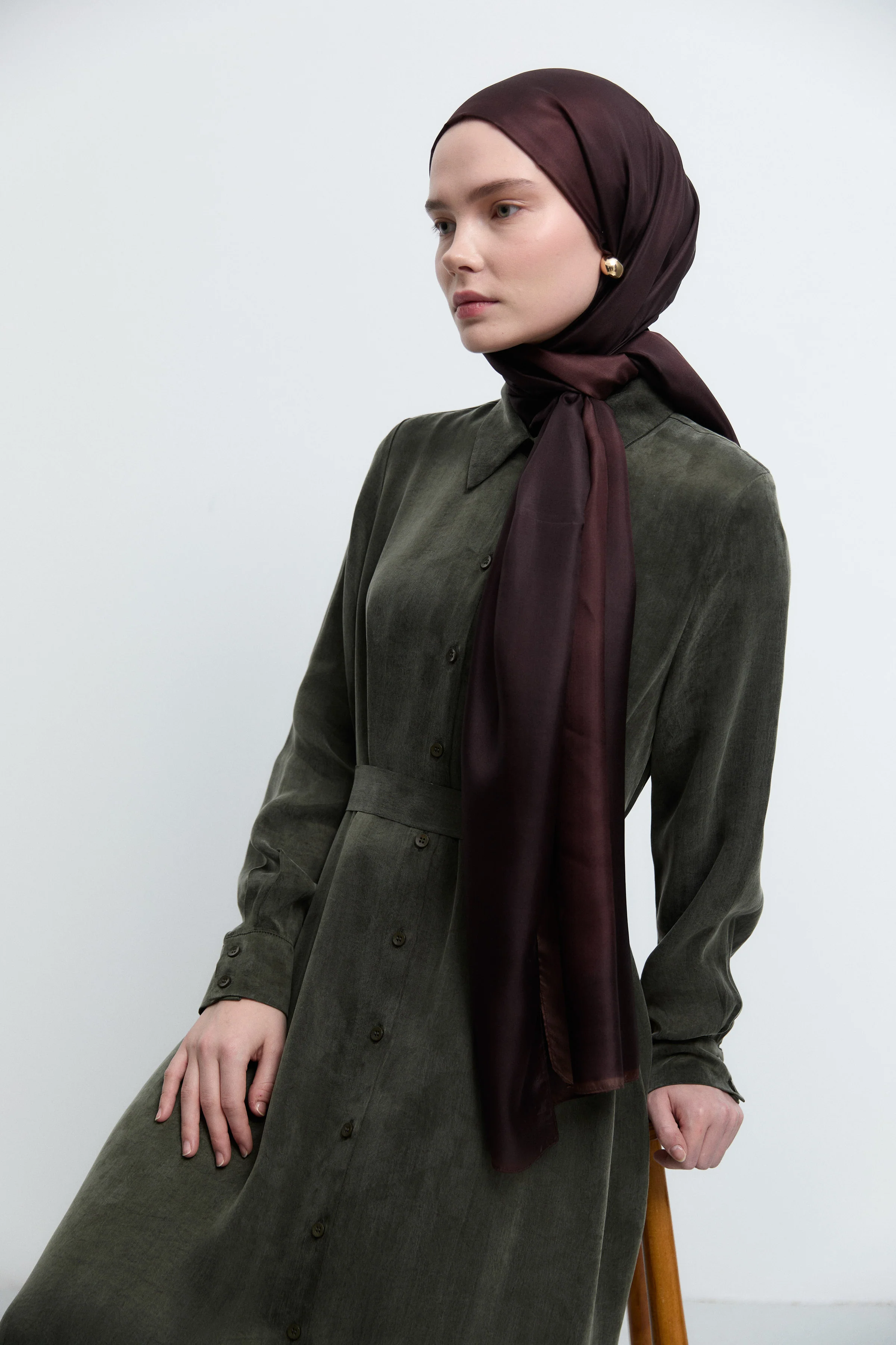 Robe à col chemise avec ceinture - Kaki - Image 5