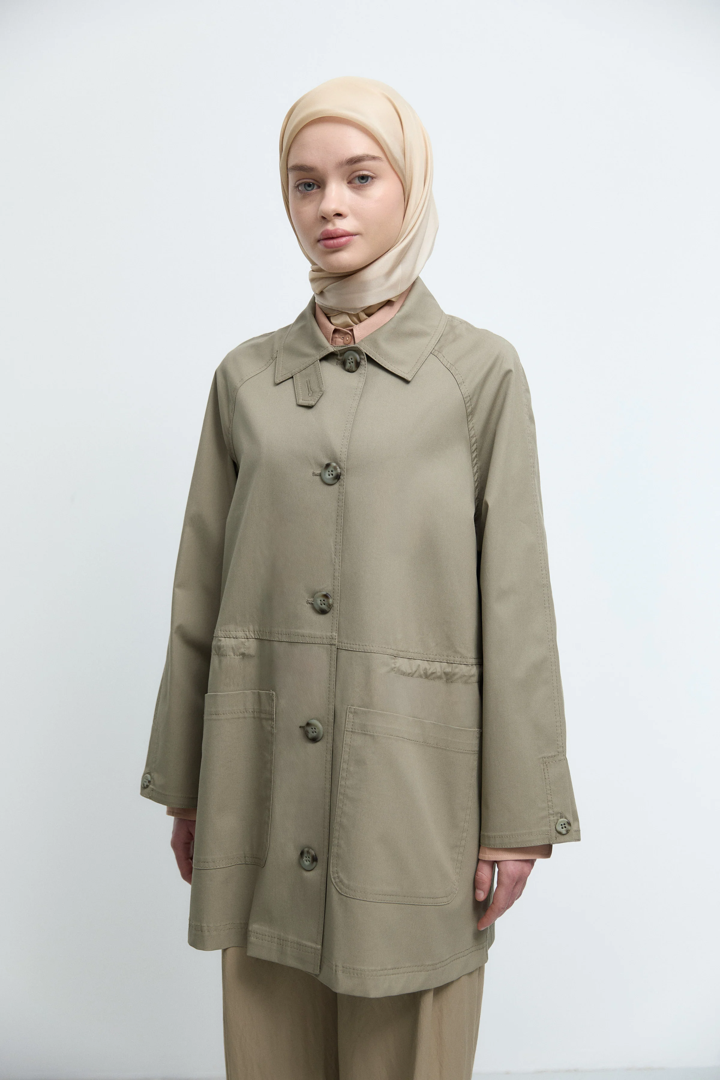 Trench-coat à grandes poches sur le devant - Vert lac - Image 3